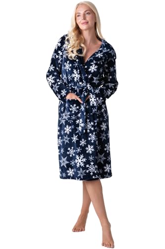 Image of Camille Women's Supersoft Fleece Hooded Dressing Gown - Long Sleeve Calf-Length Printed Bathrobe with Matching Belt Tie - Blue Snowflake 22-24