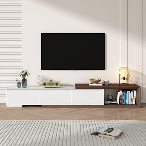 chartustriable Extendable TV Stand with 3 Drawers, Modern Minimalist Entertainment Center, Reversible Long TV Media Console, Bevel Design, 82-107.3 Inch, White & Walnut
