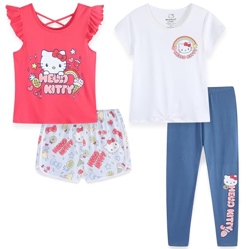 Image of Hello Kitty Sanrio Girls Mix and Match 4 Piece Outfit Set with 2 Tops, Leggings and Shorts for Big Kids