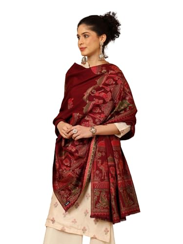 Image of tweedle Women's Ethnic Mahotsav Design Zari Shawl, Faux Wool Stole /Scarf for Ladies, Size - 40 x 80 inches