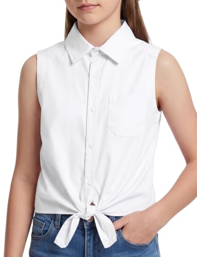 Image of Spring&Gege Girls Sleeveless Shirts Blouse with Hem Tie Knot Casual Solid Color Knotted Tank for Summer Cowgirls Western Style for Country Music Festival & Daily Wear (White,9-10 Years)