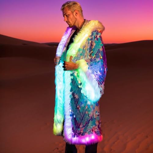 Gefomuofe Men's Metallic Sequins Baseball Bomber Jacket LED Sequins Jacket Carnival Performance Costume 70s Disco Party Costume, White, 3XL steampunk buy now online