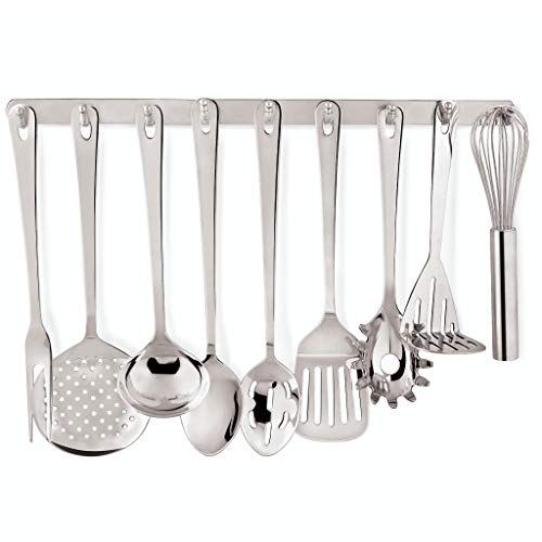 Premium 9 Piece Stainless Steel Cooking & Serving Set - Slotted Turner & Spoon, Solid Spoon, Large Fork, Ladle, Skimmer, Whisk, Potato Masher & Pasta Server - Heavy Gauge Durability - Mirror Finish - Thumbnail 4