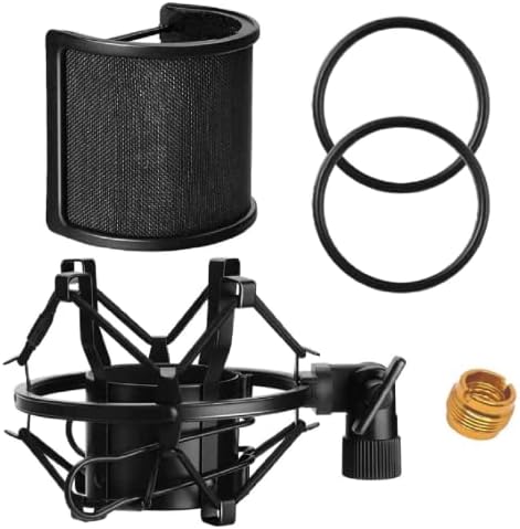 Microphone Shock Mount with Pop Filter,Anti-Vibration Suspension Microphone Shock Mount Bonus Screw Adapter Mic Mount Holder Clip for Diameter 48mm-53mm (18.8 inch- 2.0inch) Microphone