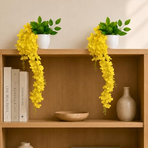 Image of fancymart Artificial Flower Yellow Wisteria Hanging Plant with White Pot, 60 cm Height, Pack of 2, Realistic Floral Vine for Home, Office, Living Room & Wall Decor
