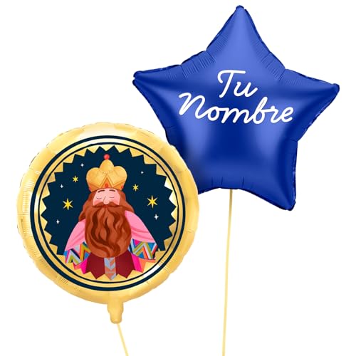 OH YEAH - Globo Foil Reyes Magos Gaspar + Estrella Azul - Ø 43 cm - Decoración Navideña - Celebraciones Familiares, Escolares y Escaparates - Roscón de Reyes - Eventos Navideños - ELIGE TU NOMBRE