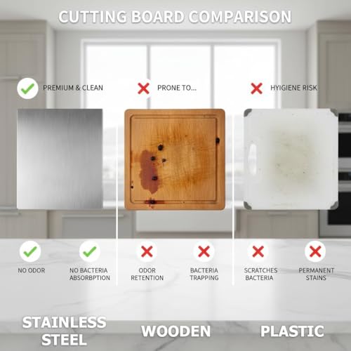 Image of Herrlich Homes Premium 304 Stainless Steel Chopping Board with Lip for Kitchen | 42 x 32 cm | Free Rollin Pin | for Cutting Vegetables, Fruits, Meat | Doughknead Board | Durable | Medium