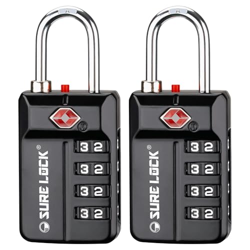 SURE LOCK TSA Approved 4-Digit Resettable Combination Luggage Locks with Open Alert, Easy-Read Dials - for Luggage, School Lockers, Gym, Office, Toolbox & Security Cases (Black 2 Pack)