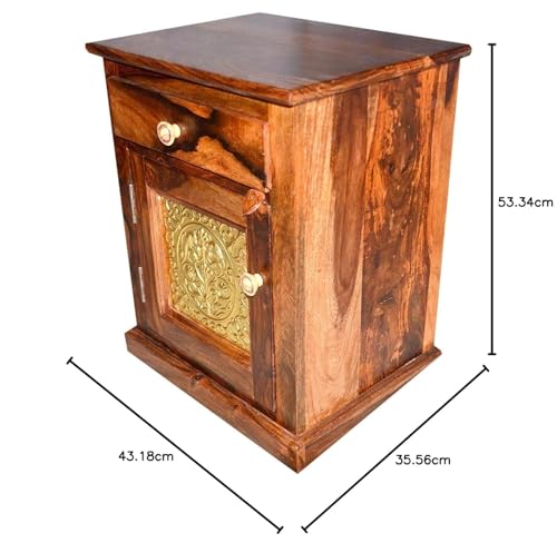 Image of Solid Sheesham Wood Bedside Table for Bedroom | Handmade Pure Wooden Bed Side Nightstand End Table with 1 Drawers & 1 Open Shelf Storage for Home & Bed Room | Rosewood, Dark Brown Finish