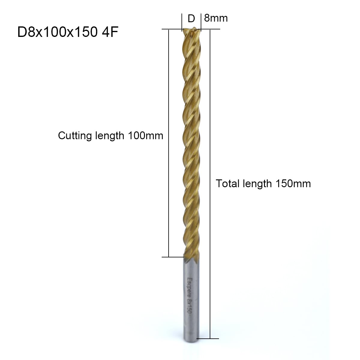 EVA EPS Styrofoam CNC Router Cutter for Cutting Long, HSS Spiral Long Endmills CNC Foam Milling Bit 2D / 3D D8x100x150 4F Flat