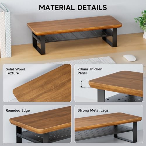 Image of Monitor Stand Riser, 24 Inch Computer Monitor Stand for Desk, 2-Tier Wood Desk Shelf Organizer with Storage, Desktop Stand for Laptop /Screen /PC /Printer, Ergonomic Home Office Monitor Stand