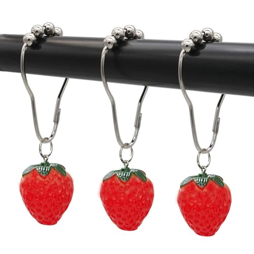 Strawberry Shower Curtain Hooks Rings for Bathroom, 12 Pcs Rust Proof Stainless Steel Decorative Shower Hook for Resin Strawberry Theme Bathroom Bathtub Shower Rod Decor, Home Curtain Hanger
