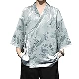 HZCX FASHION Cardigan Kimono for Men Black Silk Satin Robe Mens Lightweight Traditional Hanfu Silky Chinese Dragon Shirt(Grey,Medium)