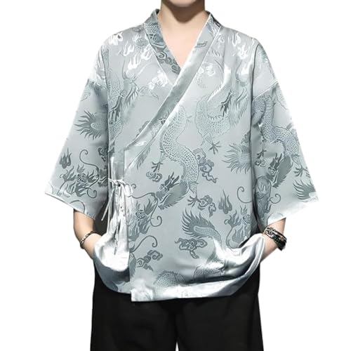 HZCX FASHION Cardigan Kimono for Men Black Silk Satin Robe Mens Lightweight Traditional Hanfu Silky Chinese Dragon Shirt(Grey,Medium)