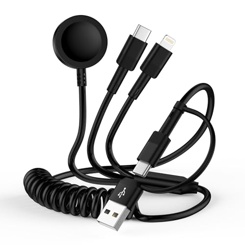 Travel Essentials,3 in 2 Multi Charging Cable for A pple Watch Charger,USB A/USB Type C to USB C/iPhone lightning Cord for iPhone 14/13/12/11/iWatch 11-1 Wireless Charger &iPhone 17 Pro Max/16e/15,4FT