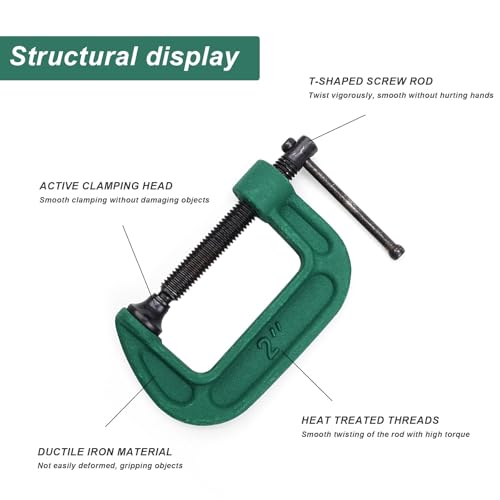 Miniatura 3 de Yfaith 2 Piezas Sargentos De Apriete Metal, 2 Pulgadas C-Mordaza De Presion, Abrazaderas En C De Alta Resistencia, Abrazadera En C Ajustable Verde, Rango Fijación 0-50 Mm, Para Fijar Madera