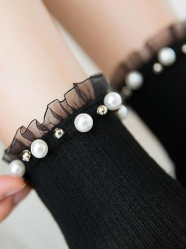 OYOANGLE Women's 1 Pair Solid Faux Pearl Decor Ruffle Frilly Trim Fashionable Crew Socks Elegant Lace Socks2