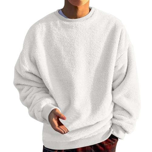 Mens Fuzzy Sherpa Sweatshirt Fleece Crewneck Pullover Loose Fit Solid Color Plus Size Shirts 2025 Fall Winter