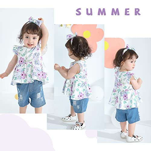 Younger Tree Toddler Baby Girl Clothes Floral Short Sleeve Shirt Tops + Ripped Denim Shorts Headband 3Pcs Summer Outfits (Floral-2, 12-18 Months) #TOP2
