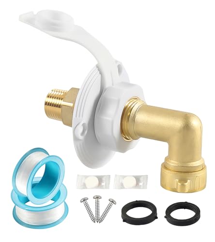 Image of RV City Water Fill Inlet with Elbow Check Valve, 3 /4 NH Female to 1 /2 NPT Male RV Water Hose Brass Connector Replacement for RV Camper Motorhome Trailer Marine White