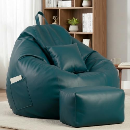 Image of KAM'S LIEU 5XL Luxury Faux Leather Bean Bag with Footrest & Cushion | Pre-Filled High-Density Polystyrene Beans | Premium Leatherette | 6 Months Warranty Color- (Teal, Without Footrest)