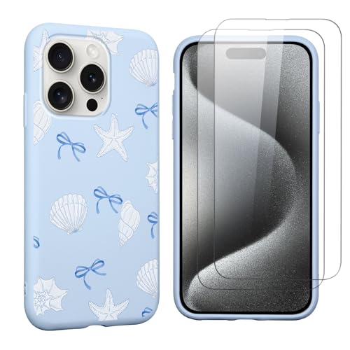 lioscre Summer Seashell Bow Phone Case for iPhone 15 Pro Max 6.7" Case with 2 Pack Tempered Screen Protector, Cute Blue Bowknot Design Shockproof TPU Soft Matte Protective Funda Cover for Women Girls