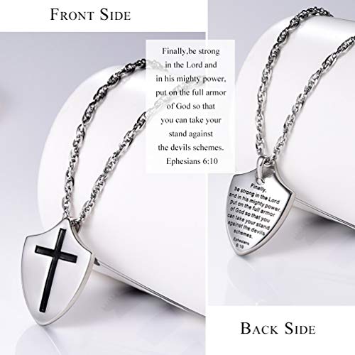 Put On The Full Armor of God Shield Necklace,Stainless Steel Cross Shield Necklace,Ephesians 6:10/Isaiah 54:17/Joshua 1:9b Jewelry for Men Women (with Box)3
