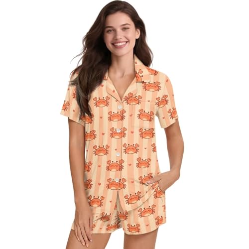 Image of Women's Short Sleeve Sleepwear Button 2 Piece Plus Size Pajamas Casual Soft Stretchy Funny Nightwear with Pockets