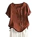 Women's Solid Color Round Neck Sleeve Slit Loose Short Sleeve Button Decoration Casual Tops T Womens (Brown, M)