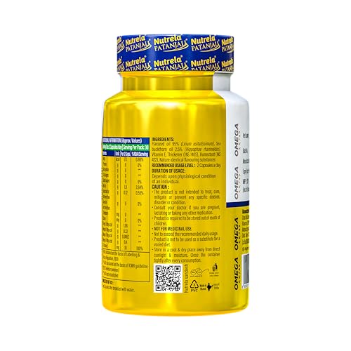 Image of NUTRELA Patanjali Omega 3 6 7 9 vegetarian softgels - Pack of 60 Capsules