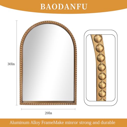 BAODANFU Traditional Arch Mirror for Bathroom, 20" x30" Baroque Antique Gold Marlowe Mirrors Beaded Frame, Decorative Accent Vertical Vanity, Wall Decor Over Mantel Fireplace, Sofa, Entryway