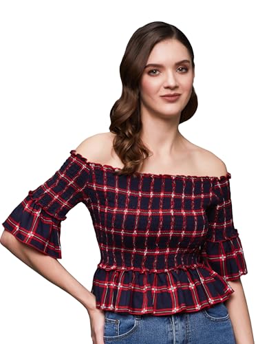 Image of Miss Chase Women's Round Neck Half Sleeves Cotton Lace and Pearl Detailing