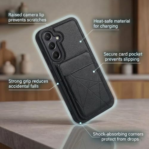 Image of amazon basics Premium Vegan Leather Back Cover with Card Holder and Integrated Mobile Stand for Samsung Galaxy S25FE 5G - Slim Shockproof Wallet Case with Geometric Stitching [Black]
