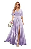 Noras dress Women's Short Sleeves Bridesmaid Dresses Long with Slit V Neck Lilac Ruched Evening Gowns 0