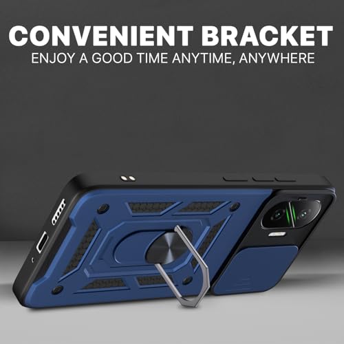 Image of Pikkme Back Cover for Poco F7 5G | D10 Tough Armor | 360 Protection Case | Sliding Camera Shield Cover & Ring Holder Stand Bumper Case (Blue)