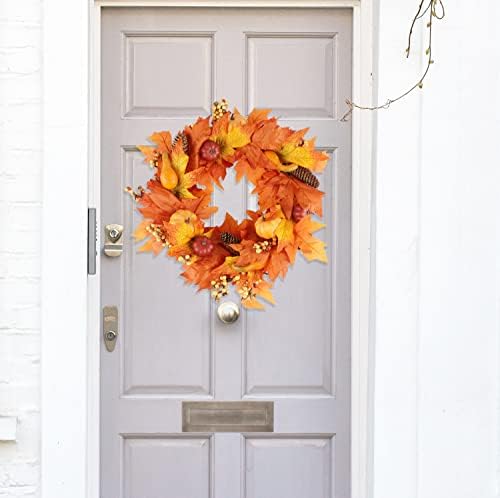 Ywlake 15 Inch Fall Wreath for Front Door Decoration, Autumn Wreath with Artificial Maple Leaf Harvest Pumpkins Pine Cone Wreath for Thanksgiving Indoor Fireplace Window Decor