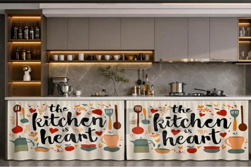 Image of Under Sink & Counter Curtain for Modular Kitchen - Printed Fabric Rod Pocket Hanging Skirt, Washable Under-Counter Cover, Panels (Each Panel: 150 x 70 cm)