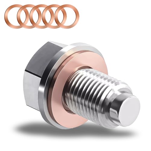HHZL M14 x 1.5 Magnetic Oil Drain Pan Plug Oil Pan Drain Plug Nut Bolt with 5 PCS Copper Crush Washer Gasket Universal Engine Stainless Steel Oils Change Kit Leak-Proof Replacement for Most Vehicle