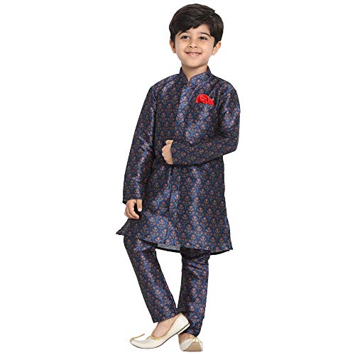 Image of JBN Creation Boys' Multicolor-Base-Yellow Silk Blend Kurta and Pyjama Set