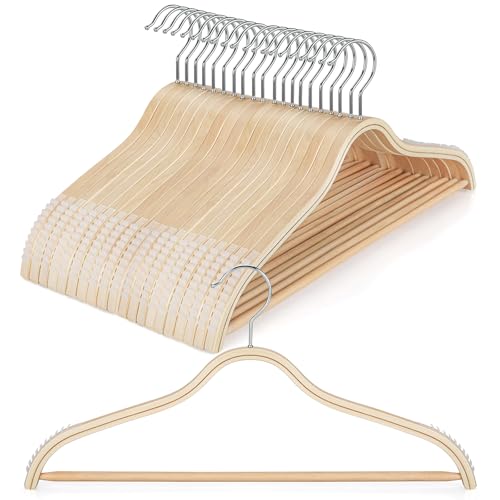 TOPIA HANGER Sleek Wooden Hangers with Non-Slip Rubber Grips, Sweater Hangers No Shoulder Bump, Lightweight Clothes Hangers for Women 20-Pack, 360Β° Swivel Hook and Pants Bar-CT63N20