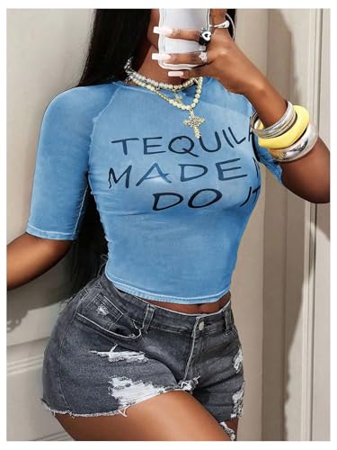 Image of RoseSeek Women's Sheer Mesh Letter Graphic Tees Short Sleeve Crew Neck Y2K Vintage Summer Going Out Crop Tops