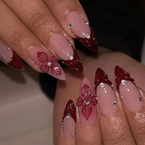 FrostyFlair Ongles à Presser, 24 Pièces Faux Ongles Rouges Pointe Française, Amande Moyenne Ongles Artificiels à Coller, 3D Fleurs Faux Ongles pour Décorations de Manucure Femme