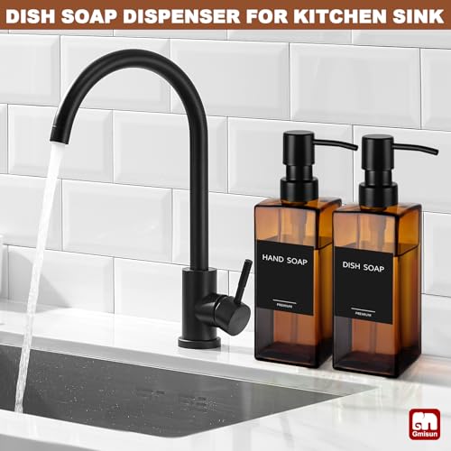 Image of GMISUN Amber Glass Soap Dispenser, Hand Soap Dispenser with Stainless Steel Pump for Bathroom, 12 fl oz /350ml Refillable Dish Dispensers for Kitchen, Modern Liquid Lotion Bottles for Countertop