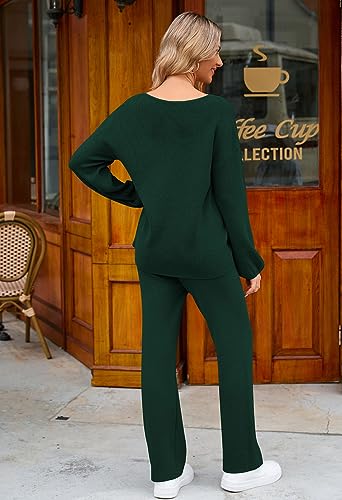 Image of Viottiset Women's 2 Piece Outfits Casual V Neck Knit Wide Leg Sweater Lounge Set Sweatsuit