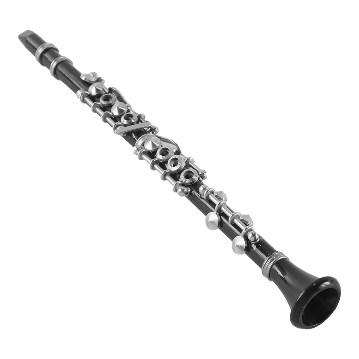 Spilla decorativa in vinile nero in metallo, modello di clarinetto basso in miniatura, 16 cm, scala 1/6, con custodia nera e supporto.