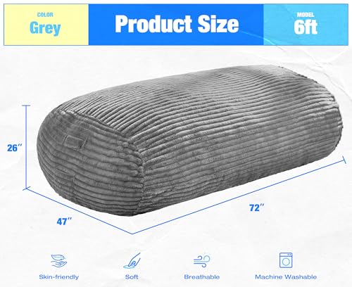 Image of Hobestluk 6FT Bean Bag Chairs Adult Bean Bag with Portable Handle Comfy Large Bean Bag Lounge Chair with Removable Cover for Living Room Bedroom (Stripe Grey, 6FT)