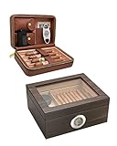 Flauno Glass Top Cigar Cedar Humidor and Leather Cigar Travel Humidor Case