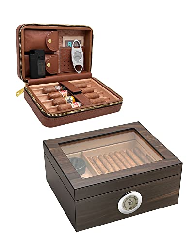 Flauno Glass Top Cigar Cedar Humidor And Leather Cigar Travel Humidor Case #TOP7