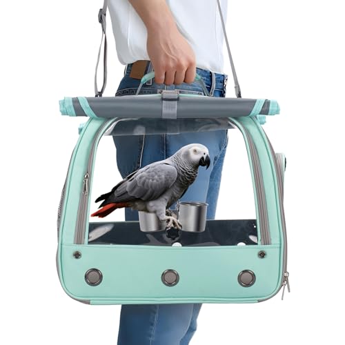 Bird Carrier Parrot Travel Cage with Perch, Food Bowl, Tray and Breathable Clear Window, Bird Travel Bag for African Gray Cockatiel Caique Conure Quaker, for Vetting Camping Hiking (Blue)