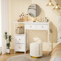 3IngSeagulls White Vanity Desk Without Mirror, Small Makeup Desk with 4 Fabric Drawers, 33.5 Inches Dressing Table with Storage, Vanity Table for Bedroom with Hook, White
